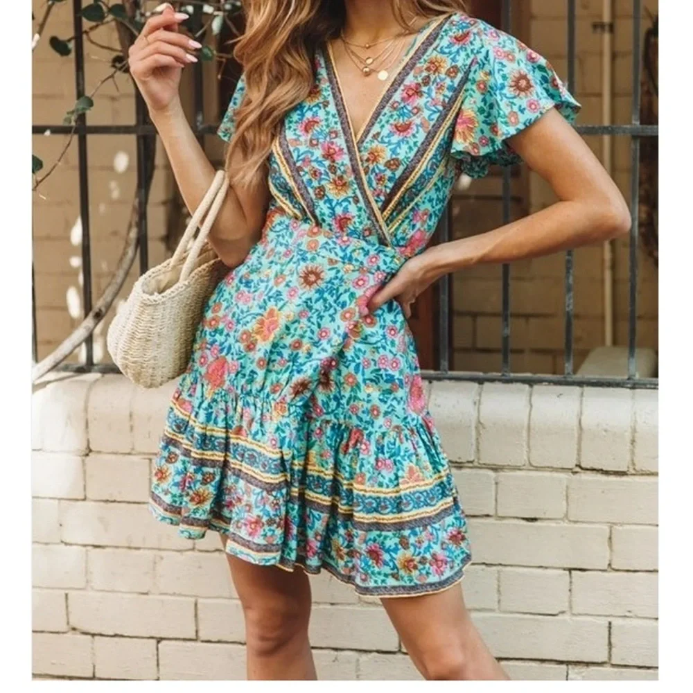 Boho Floral Print Teal Mini Wrap Dress Medium - Picture 3 of 6